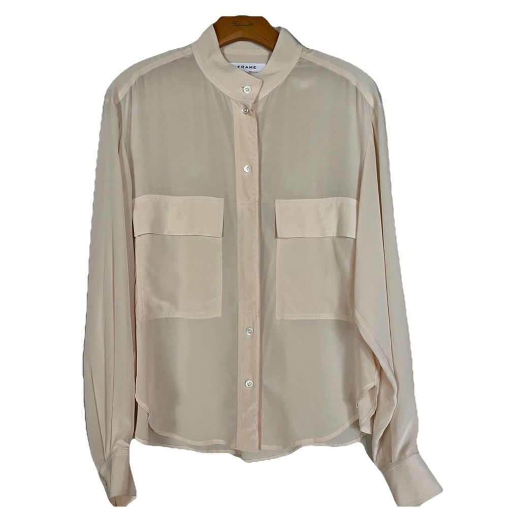 Frame 100%‎ Silk Long Sleeve Button Down Blouse, Patch Pockets Ivory Size Small